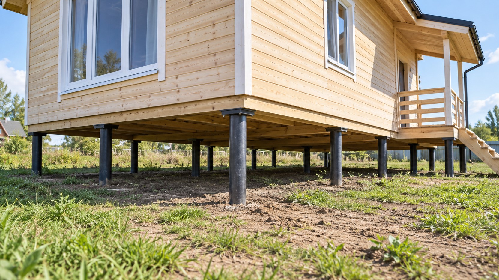 Аралық қоршау орнатылмаған үй: қадалар және ашық еденасты кеңістігі